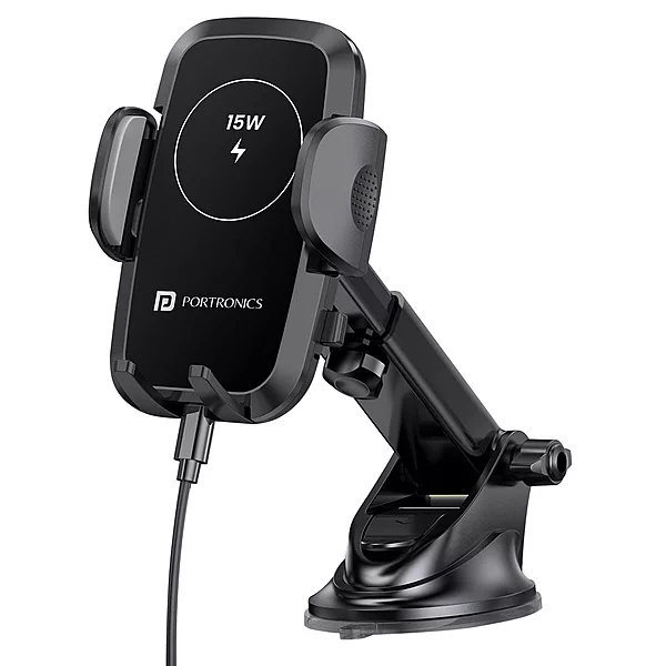 Portronics Charge Clamp 2 Mobile Holder – Wireless Charging | 15W Output | Black | 1 Year Warranty
