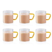 Borosil Vision 6 Pcs Tea n Coffee Borosillicate Glass 190 ml Classic Mug Set with Green Handle | Microwave Safe, Scratch Resistance, Lightweight | for Chai, Green Tea, Milk | Transparent
