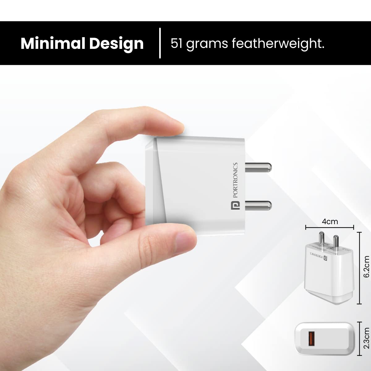Portronics 10036 Adapto 40C Charger – 18W Single USB Port | Type-C Cable Included | White