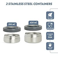 Borosil Hot-N-Fresh Prime Stainless Steel Insulated Lunch Box, Keeps food warm upto 8 Hours, Set of 2 (420 ml + 420 ml), Grey