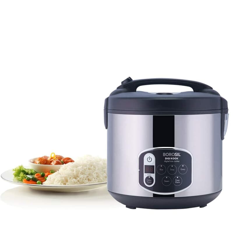 Borosil 1.8-Liters Electric Rice Cooker And Steamer, Black & Silver