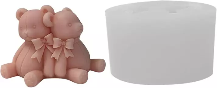 Silicon Mold Candle Valentine Couple Teddy Bear With Ribbon