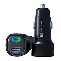 Portronics 30W Dual Output Car Charger Type-C PD & USB Fast Charging with LED Indicator Black