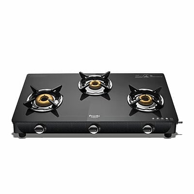 Preethi Valentino Glass top 3 Burner Gas Stove, Manual Ignition, Black ISI Approved