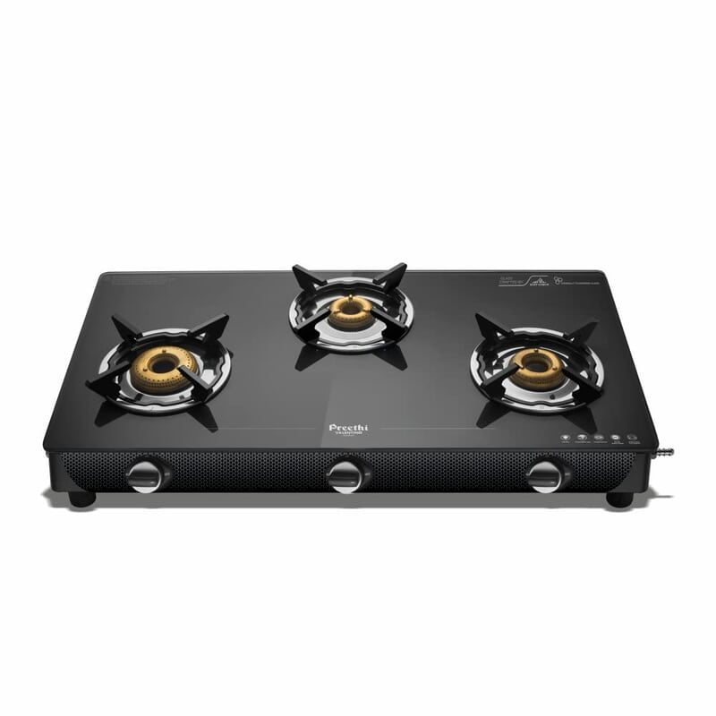 Preethi Valentino Glass top 3 Burner Gas Stove, Manual Ignition, Black ISI Approved