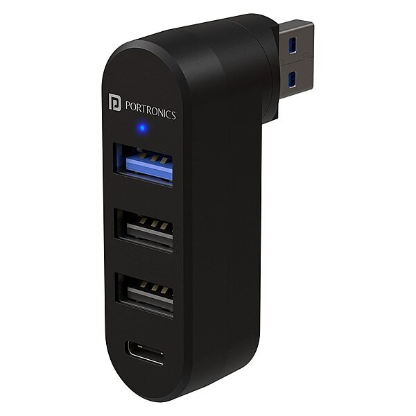 Portronics MPort Spin Black – 4-in-1 USB Hub, Type-C. Compact design, 4 ports for seamless connectivity. Ideal for laptops and devices. Fast data transfer and charging capabilities.