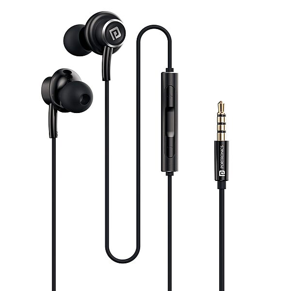 Portronics Conch Sigma A – 3.5mm Earphones with Mic, sleek black design, high-quality sound, comfortable fit, perfect for music and calls, durable build, ideal for everyday use.