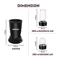 Borosil NutriFresh Portable Mini-Blender & Grinder, 500 ml Blending Jar, 300 ml Chutney Jar, For Blending Smoothies & Chutneys, Dry Grinding Spices, Black, 400 W