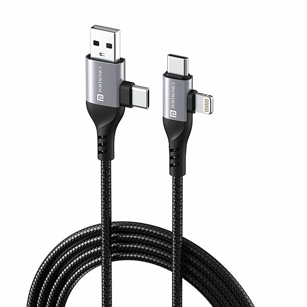 Portronics Konnect 4-in-1 Cable – Fast Charge, Black. Versatile charging solution with multiple connectors for various devices. Durable design ensures longevity and efficient power delivery.