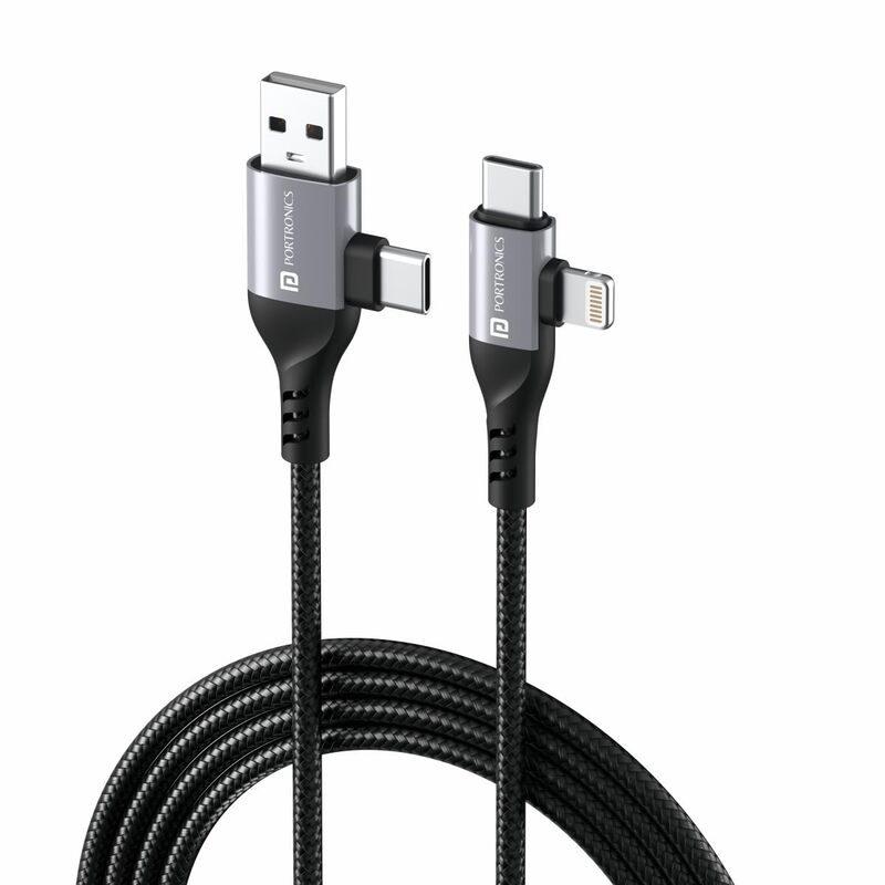 Portronics Konnect 4-in-1 Cable – Fast Charge, Black. Versatile charging solution with multiple connectors for various devices. Durable design ensures longevity and efficient power delivery.