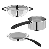 Lifelong 3 pc Cookware 2 Litre Stainless Steel Kadhai with SS Lid 23 CM 1.2 Litre Stainless Steel Sauce Pan 16 CM 1.2 litres Stainless Steel Fry Pan 23 CM