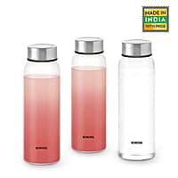 Borosil Crysto Glass Water Bottle, Fridge Bottle Set of 3, Borosilicate Glass, Extreme Temperature Resistant, For Hot & Cold Water, Milk, Lassi, Juice, Steel Lid, 750 ml, Stylish & Transparent