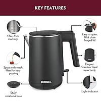Borosil Cooltouch Electric Kettle, Stainless Steel Inner Body, Boil Water For Tea, Coffee, Soup, 1 L,