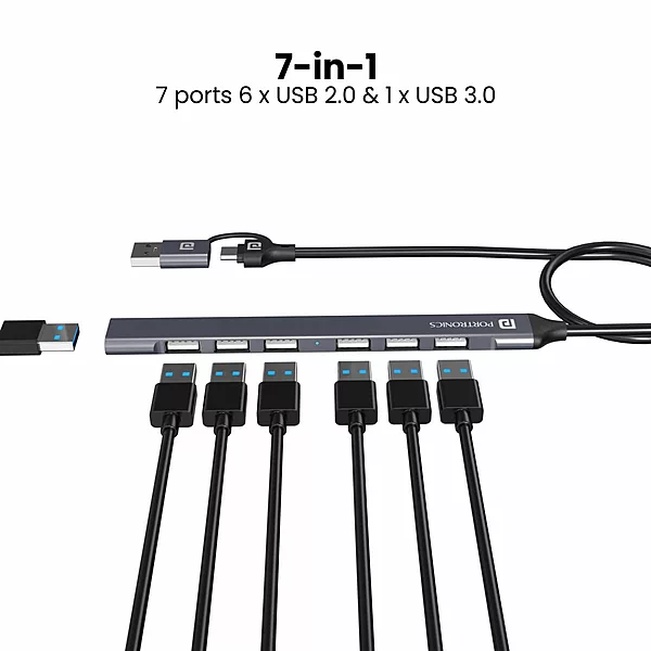 Portronics Mport 7 Hub is a versatile 7-in-2 USB & Type-C adapter, offering multiple ports for seamless connectivity. Perfect for laptops and devices needing extra USB and HDMI connections.