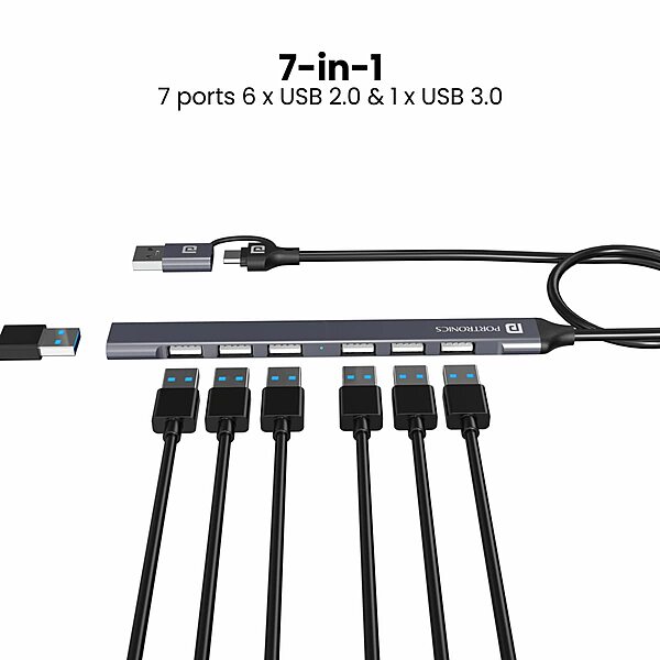 Portronics Mport 7 Hub is a versatile 7-in-2 USB & Type-C adapter, offering multiple ports for seamless connectivity. Perfect for laptops and devices needing extra USB and HDMI connections.