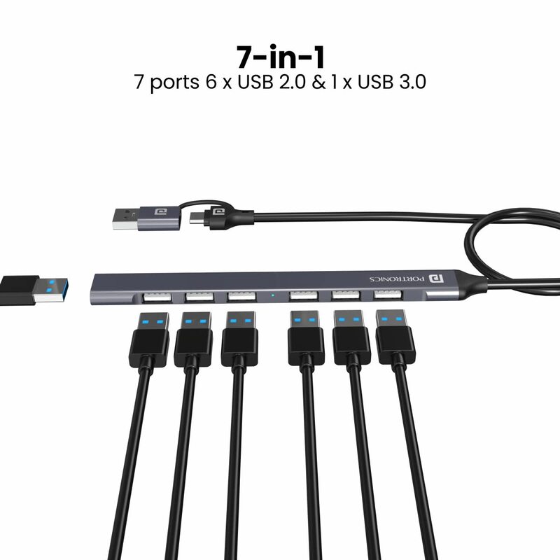 Portronics Mport 7 Hub is a versatile 7-in-2 USB & Type-C adapter, offering multiple ports for seamless connectivity. Perfect for laptops and devices needing extra USB and HDMI connections.