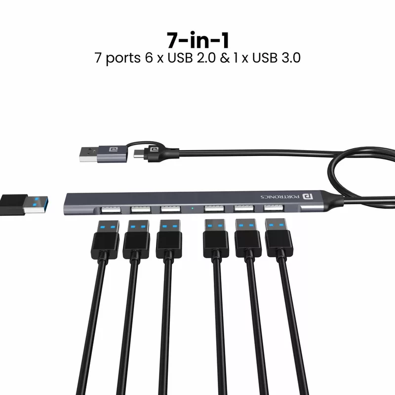 Portronics Mport 7 Hub is a versatile 7-in-2 USB & Type-C adapter, offering multiple ports for seamless connectivity. Perfect for laptops and devices needing extra USB and HDMI connections.