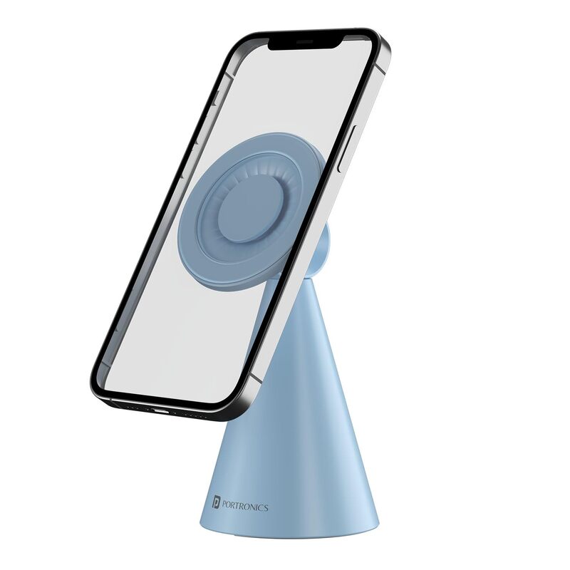 Portronics Mogun 5 – MagSafe Desk Phone Holder, Blue. Sleek design, securely holds phone while charging. Ideal for home or office.