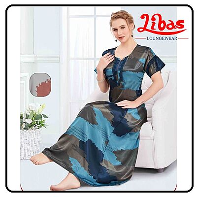 Cloudy Blue Premium Satin Nighty With Geometric Prints All Over From Libas Loungewear - ST102