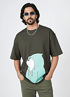 Funky Introvert Olive Green Half Sleeves - Oversized T Shirt