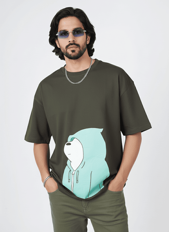 Funky Introvert Olive Green Half Sleeves - Oversized T Shirt