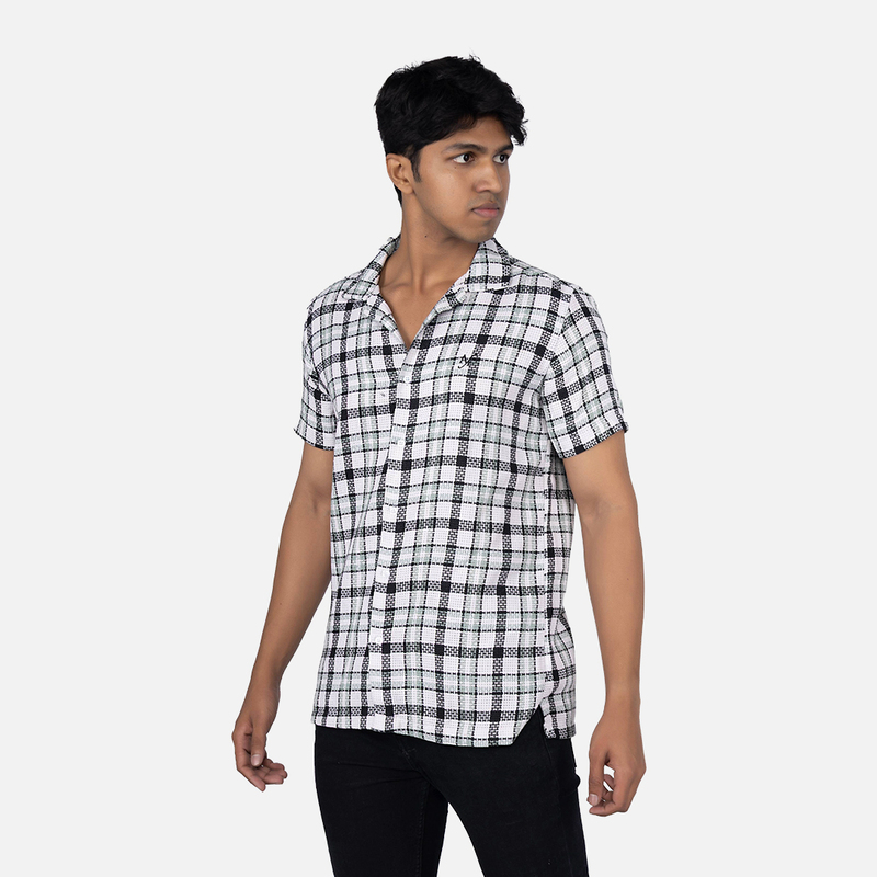 Men Cream White Plaid Hawaiian Shirt