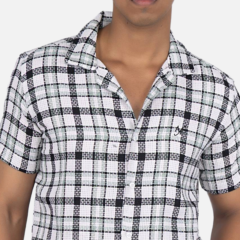 Men Cream White Plaid Hawaiian Shirt