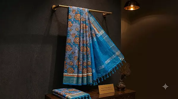 Blue Tussar Silk Saree with Floral Print & Zari Border