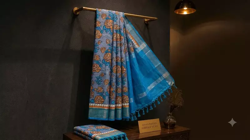 Blue Tussar Silk Saree with Floral Print & Zari Border