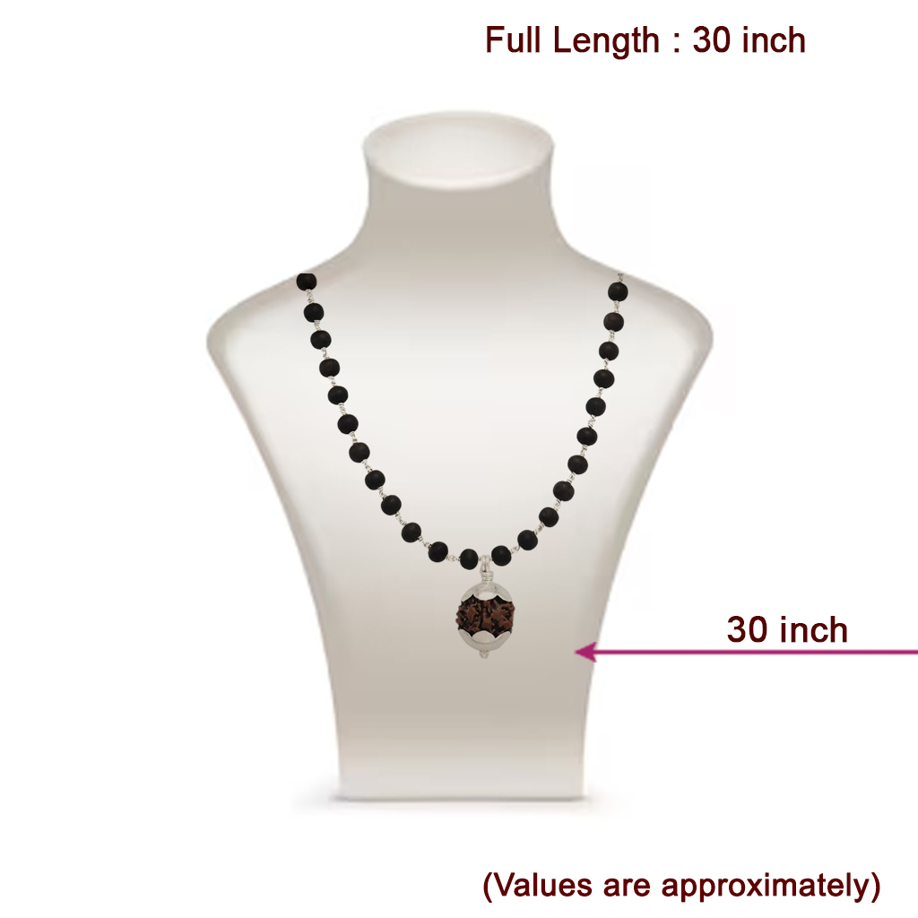 Silver Tied Wooden Beads ebony Mala (Black) with Rudraksha Pendant
