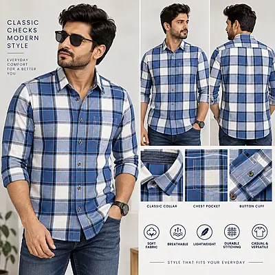 MM Men’s Blue & White Checked Casual Shirt