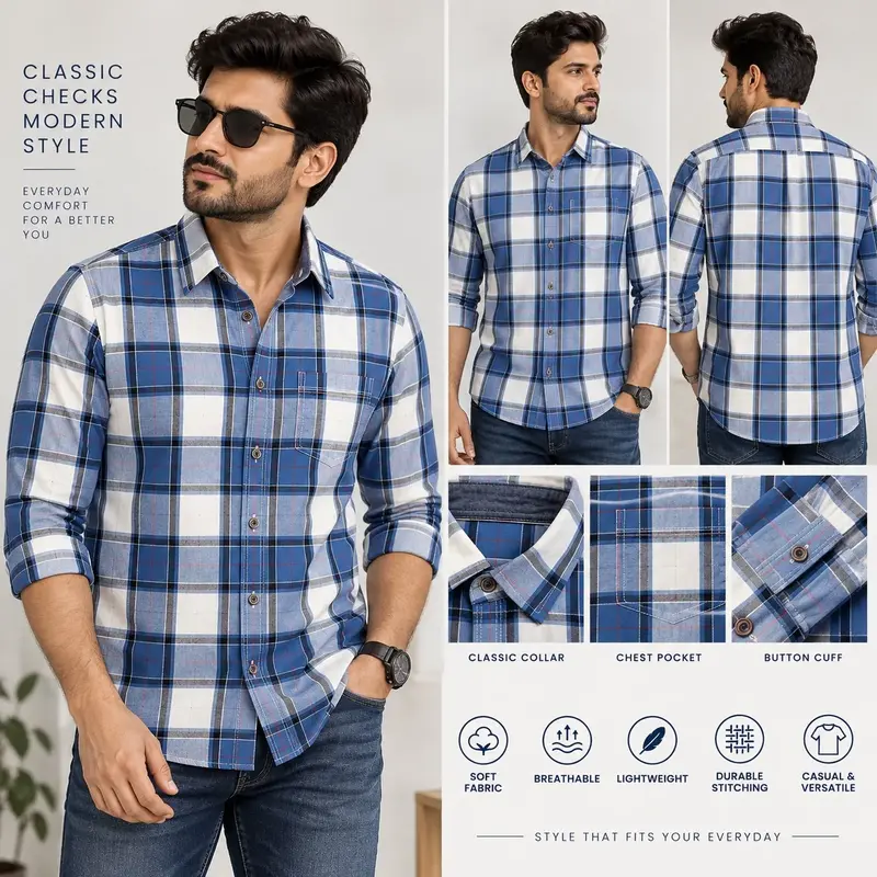 MM Men’s Blue & White Checked Casual Shirt