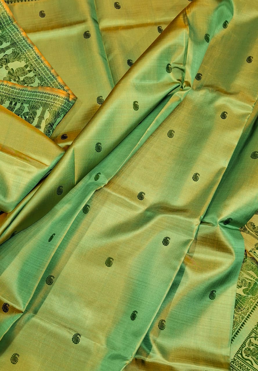Sea green mustard dual tone body color pure Mulberry silk Baluchari saree