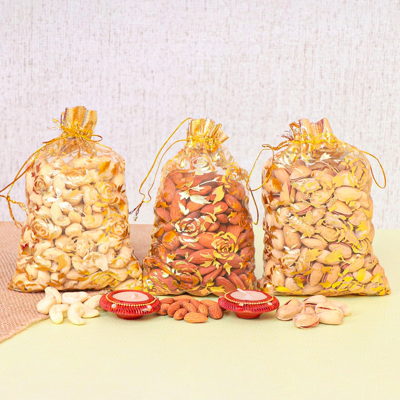 Premium Dry Fruits Gift Pack in Decorative Pouches – Cashews, Almonds & Pistachios (Set of 3)