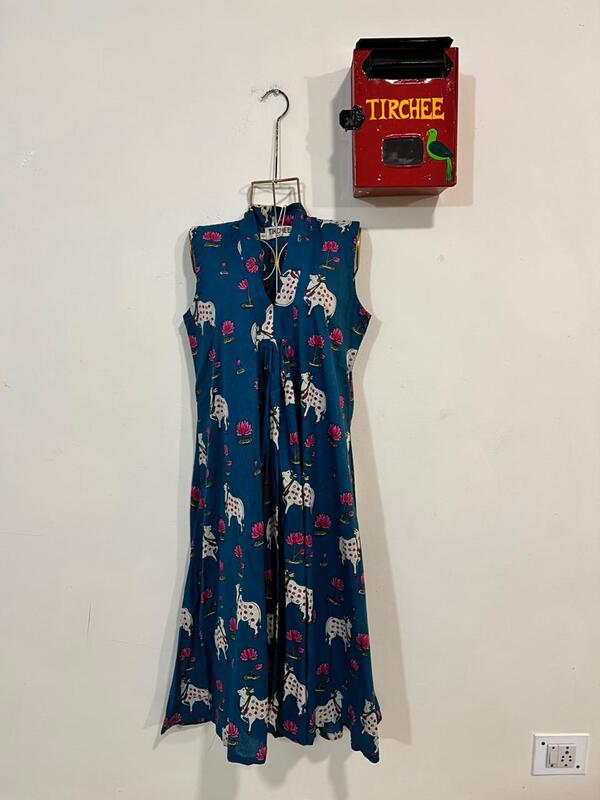 Charita's Everyday Sleeve Less Flare Dress - Turquoise & Pichwai Cows