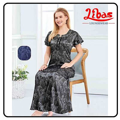 Black Premium Satin Nighty With Geometric Prints All Over From Libas Loungewear - ST104