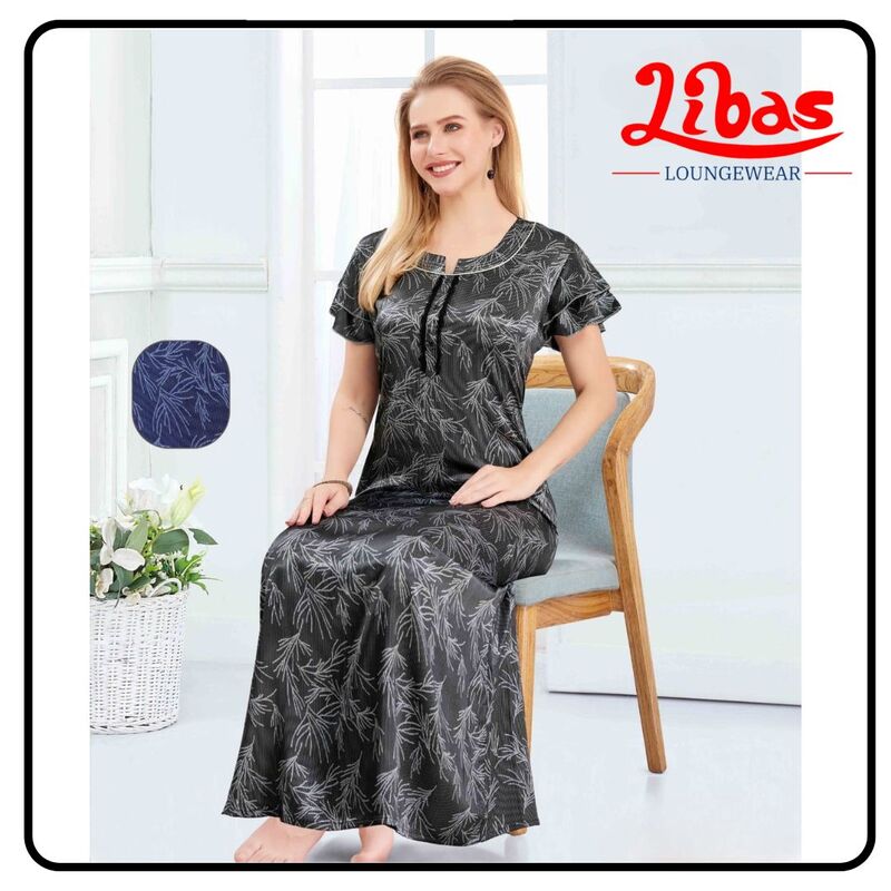 Black Premium Satin Nighty With Geometric Prints All Over From Libas Loungewear - ST104