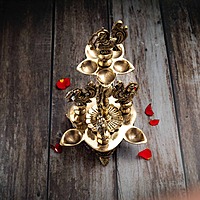 Brass Four Birds Eight Wick Diya Lamp - 11 inch Height | Exquisite Brass Diya Lamp with Four Birds and Eight Wicks for Rituals and Illumination