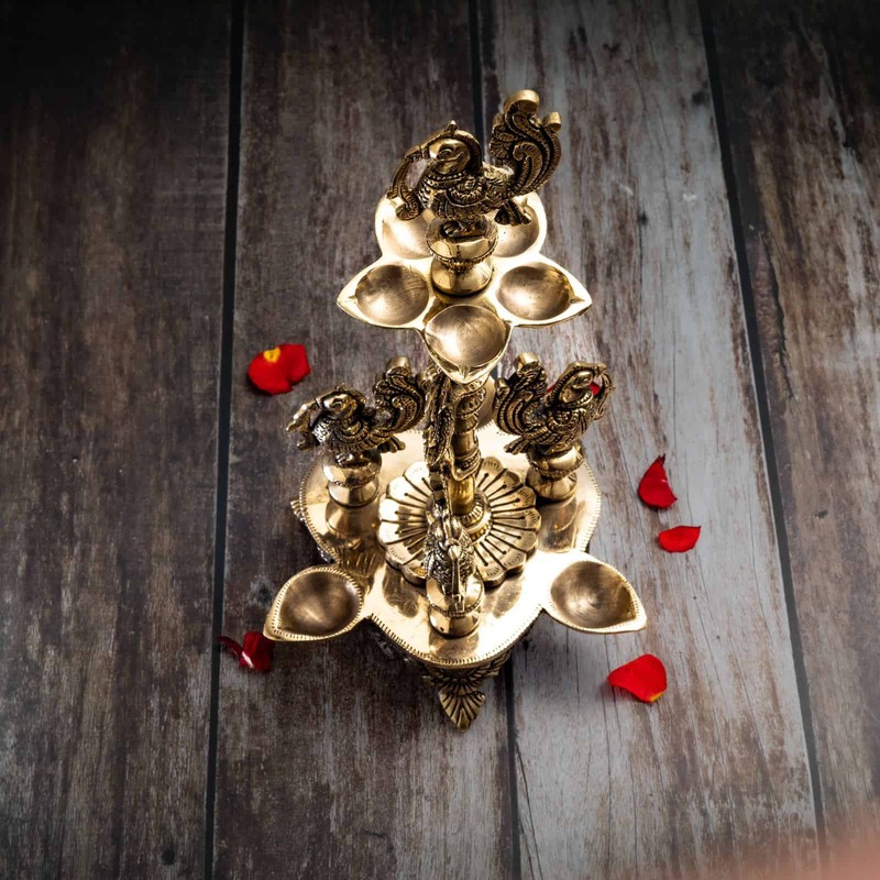 Brass Four Birds Eight Wick Diya Lamp - 11 inch Height | Exquisite Brass Diya Lamp with Four Birds and Eight Wicks for Rituals and Illumination