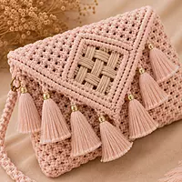 Blush Pink Macrame Clutch with Gold Tassels & Diamond Weave Panel