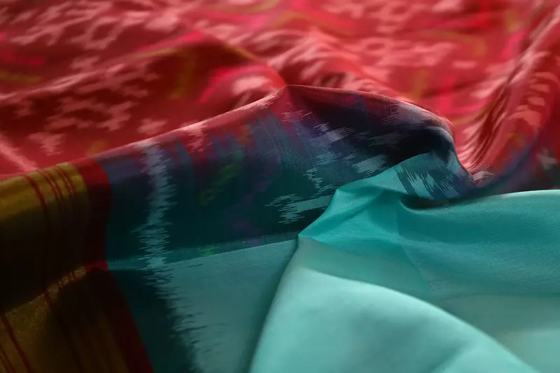 Sky Blue Ikat Silk Saree with Tree Motifs & Contrast Maroon Border & Ikat blouse| Handloom Saree