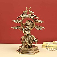 Brass Krishna Playing Flute with Cow under The Tree - 14 inch Height | Enchanting Brass Idol of Krishna Playing Flute with Cow under the Tree