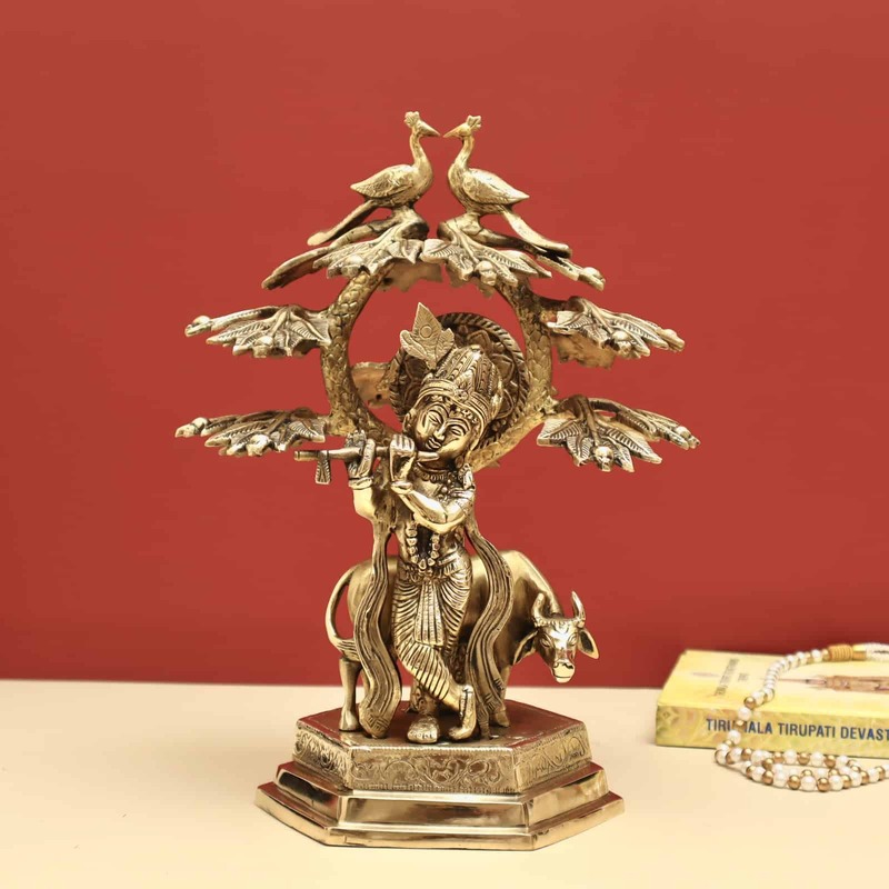 Brass Krishna Playing Flute with Cow under The Tree - 14 inch Height | Enchanting Brass Idol of Krishna Playing Flute with Cow under the Tree