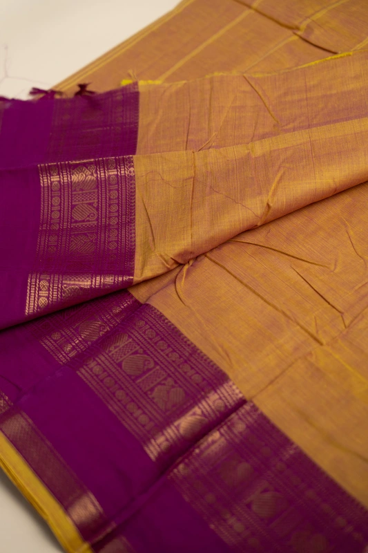 Kanchi Cotton plain body - Mustard Gold & Royal Purple Saree with Antique Gold Zari Border