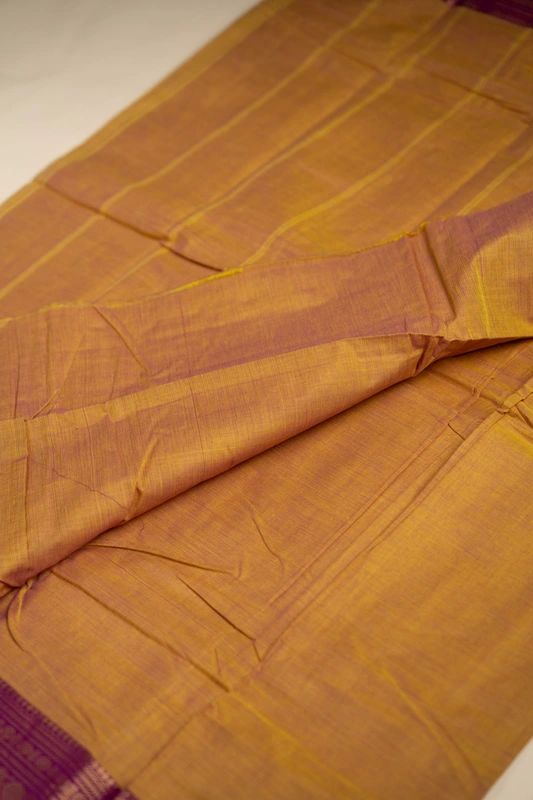 Kanchi Cotton plain body - Mustard Gold & Royal Purple Saree with Antique Gold Zari Border