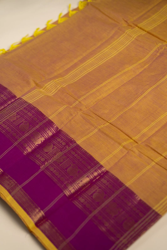 Kanchi Cotton plain body - Mustard Gold & Royal Purple Saree with Antique Gold Zari Border