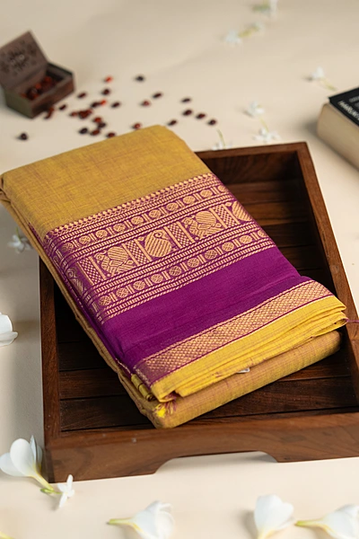 Kanchi Cotton plain body - Mustard Gold & Royal Purple Saree with Antique Gold Zari Border