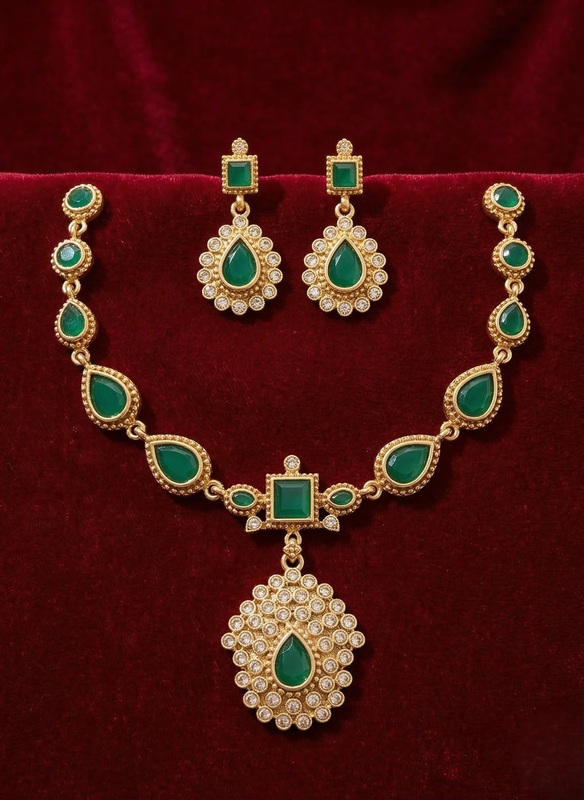 Elegant Green Stone Necklace Set with Crystal Pendant.