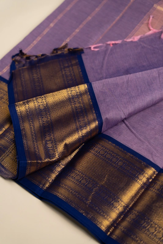 Kanchi Cotton plain body - Lavender Cotton Saree with Royal Blue Antique Gold Zari Border