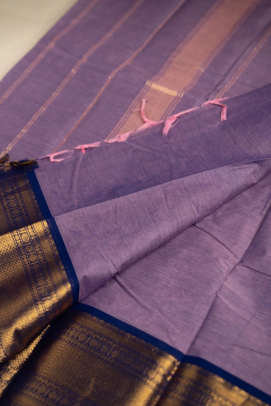 Kanchi Cotton plain body - Lavender Cotton Saree with Royal Blue Antique Gold Zari Border